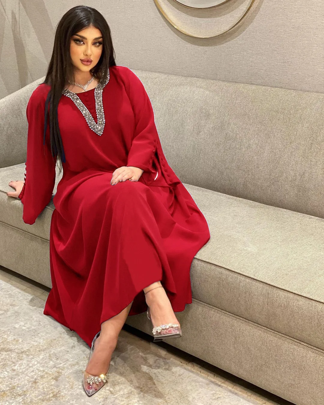 2023 New Muslim Women's Fashion Solid Color Cosize Dress Hand-beaded Hot Diamond Robe Pour Femme Mumulmane Abaya