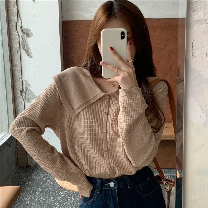 Женский кардиган с воротником Питер Пэн элегантный однотонный свободный свитер