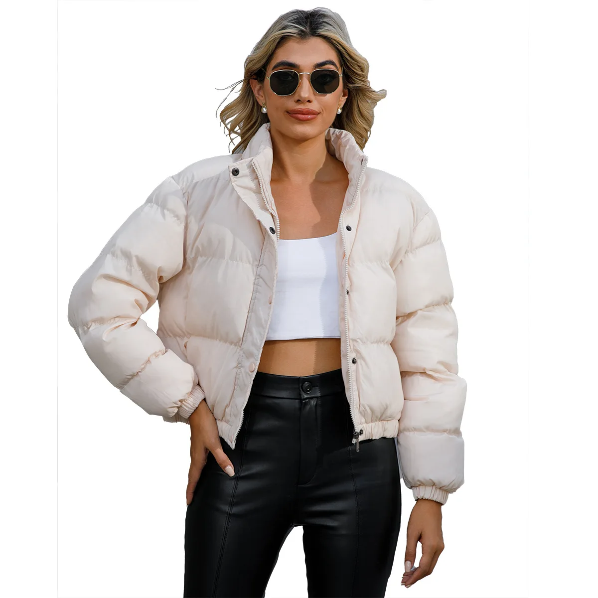 WeiYao Spring Winter Clothes Women Short Winter Jacket Women Long Sleeve High Collar Warm Coat Loose Casual Puffer Jacket Coat