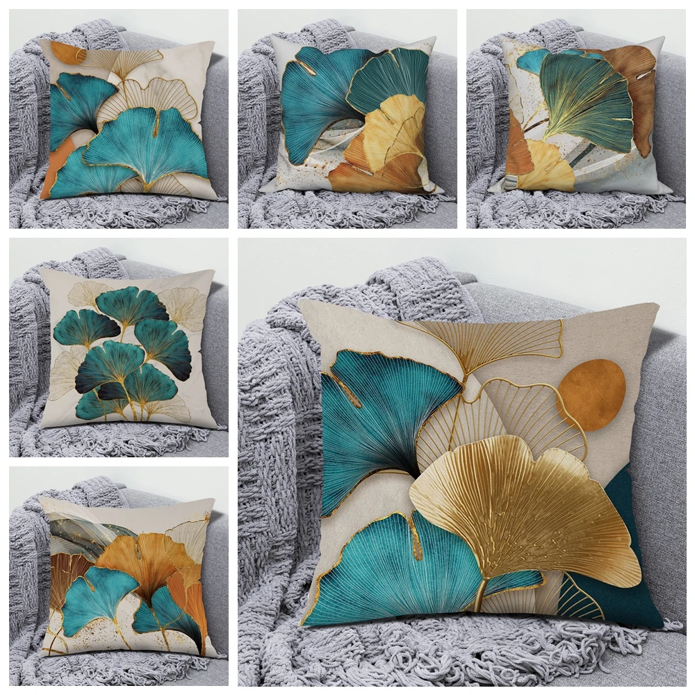 

Green Gold Ginkgo Leaf Throw Pillow Cover Modern Minimalism Linen Cushion Covers Sofa Living Room Home Decor Square Pillow Cases