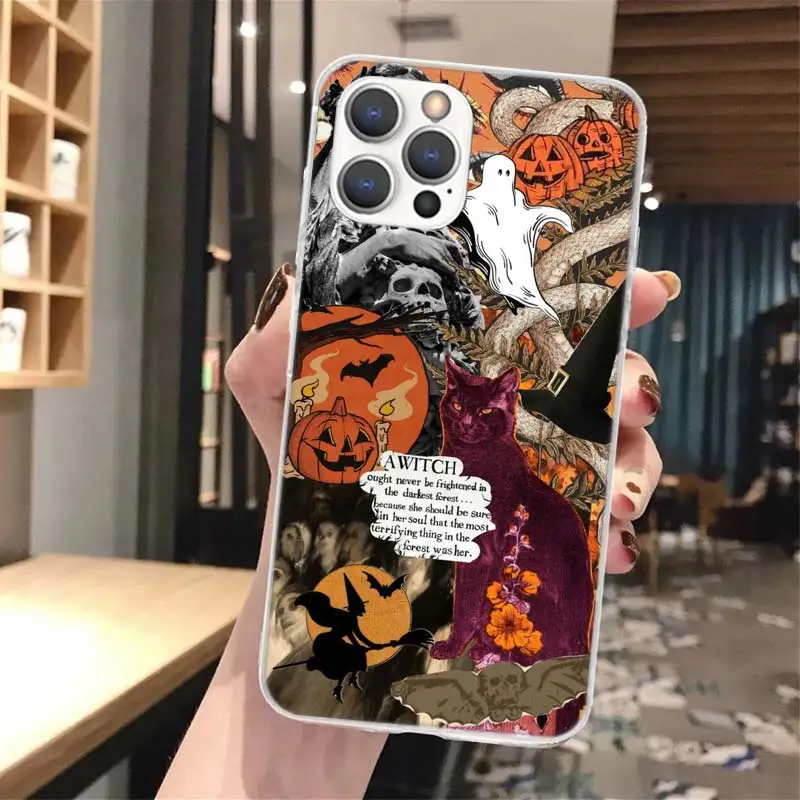 Мягкий чехол для телефона на Хэллоуин осень искусство ведьма кот iPhone 14 13 12 Mini 11 Pro