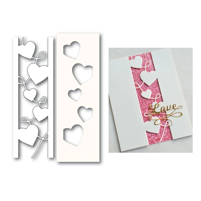 Ажурные вырубки сердце с боковыми полосками из металла для нового скрапбукинга 2022 года. Рамка для открыток и рисунок-образец для подарка на День Святого Валентина.