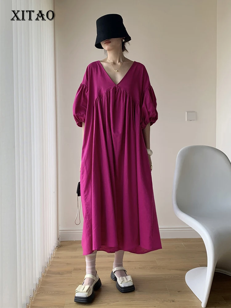 

XITAO Loose Folds Dress Causal Fashion V-neck Collar Simplicity Half Sleeve Dress Summer New Temperament Women Dress DMJ1522