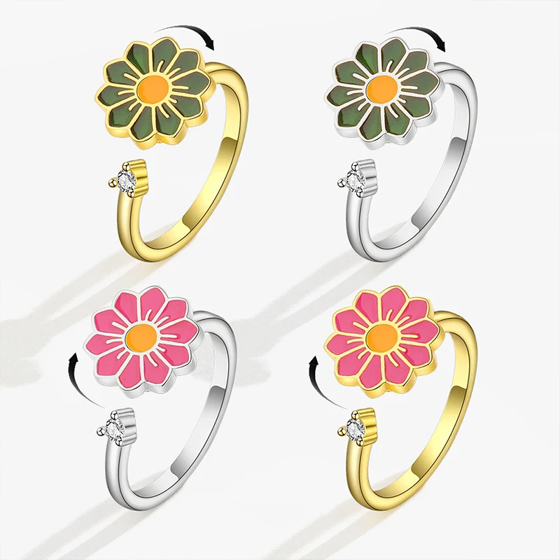 

Anti-Anxiety Rotating Daisy Wedding Rings for Women Teens Goth Stainless Steel Opening Finger Rings Stress Relief Jewelry Gifts