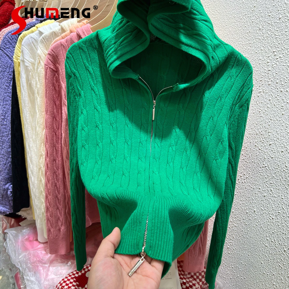 

Женский однотонный вязаный кардиган с капюшоном, новинка весны 2022, розовая облегающая футболка на молнии с длинным рукавом, заточенная поло...