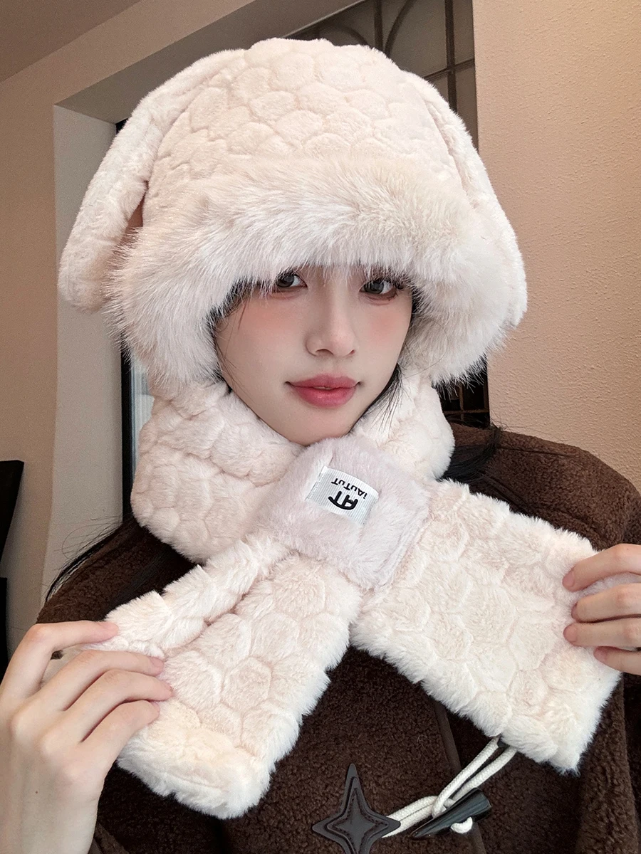 Милая шапка с заячьими ушками шарф интегрированные женские зимние велосипедные