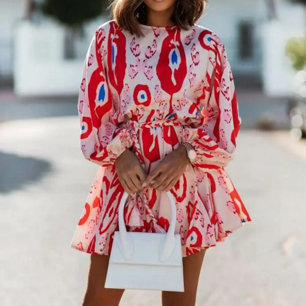 

Women Party Dress Lantern Sleeve Round Neck Fashionable Polyester Print Pleated Loose Mini Dress Casual Female Clothing
