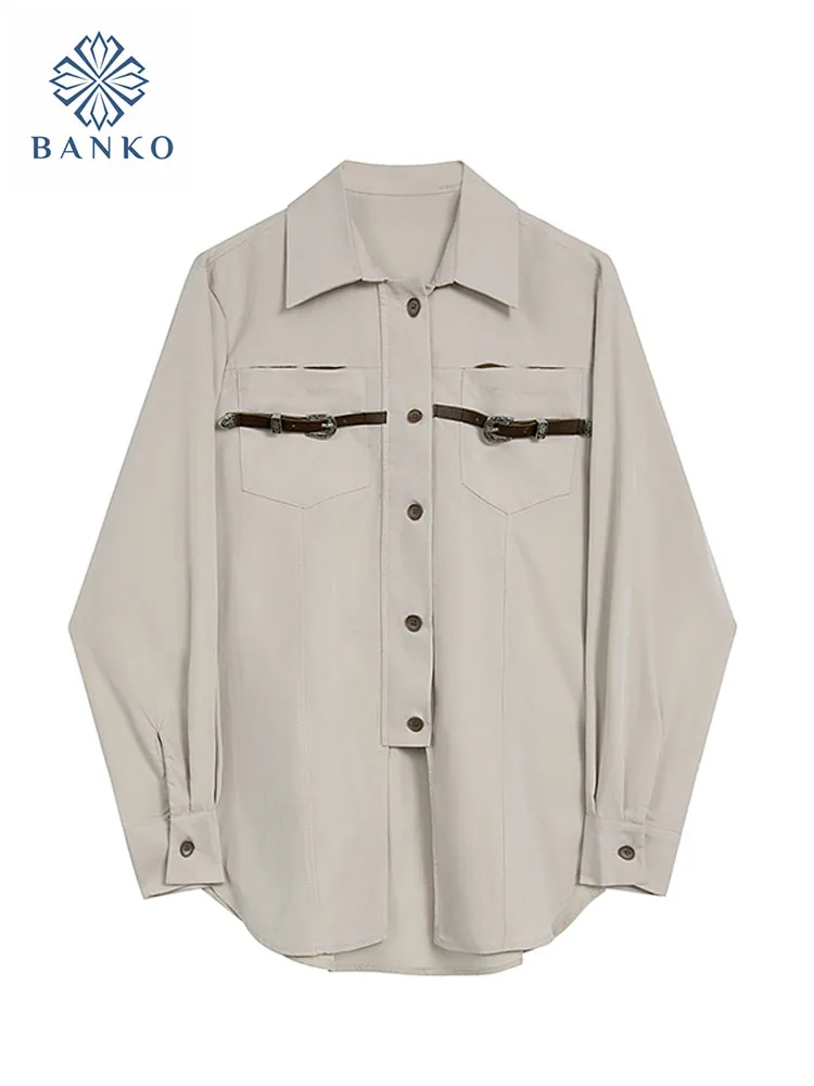 

French Elegance Overshirt Women Simple Shirts Vintage With Belt Basic Casual Blouses Turn-Down Collar High Street Y2K Streetwear