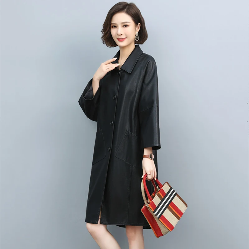 New Women Sheepskin Leather Trench Coat Spring Autumn 2022 Casual Single Breasted Loose Split Leather Coat Winter Outerwear