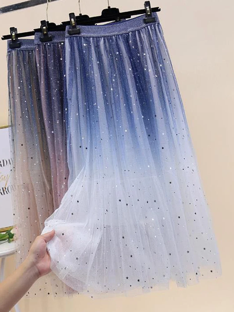 

Женская фатиновая юбка с блестками Starry Sky, элегантная сетчатая юбка средней длины с эластичной талией в Корейском стиле, летние женские юбки