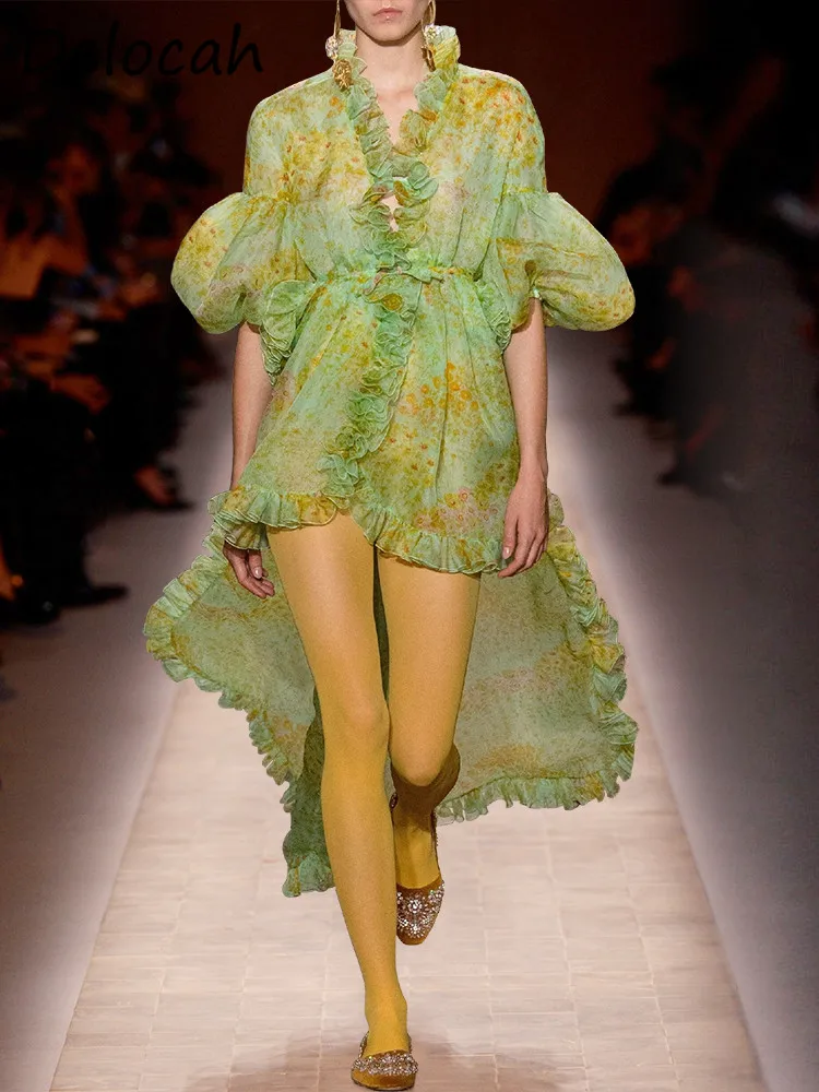 

Женское платье-трапеция Delocah, винтажное дизайнерское платье выше колена с рукавами-фонариками и оборками на подоле, лето 2019