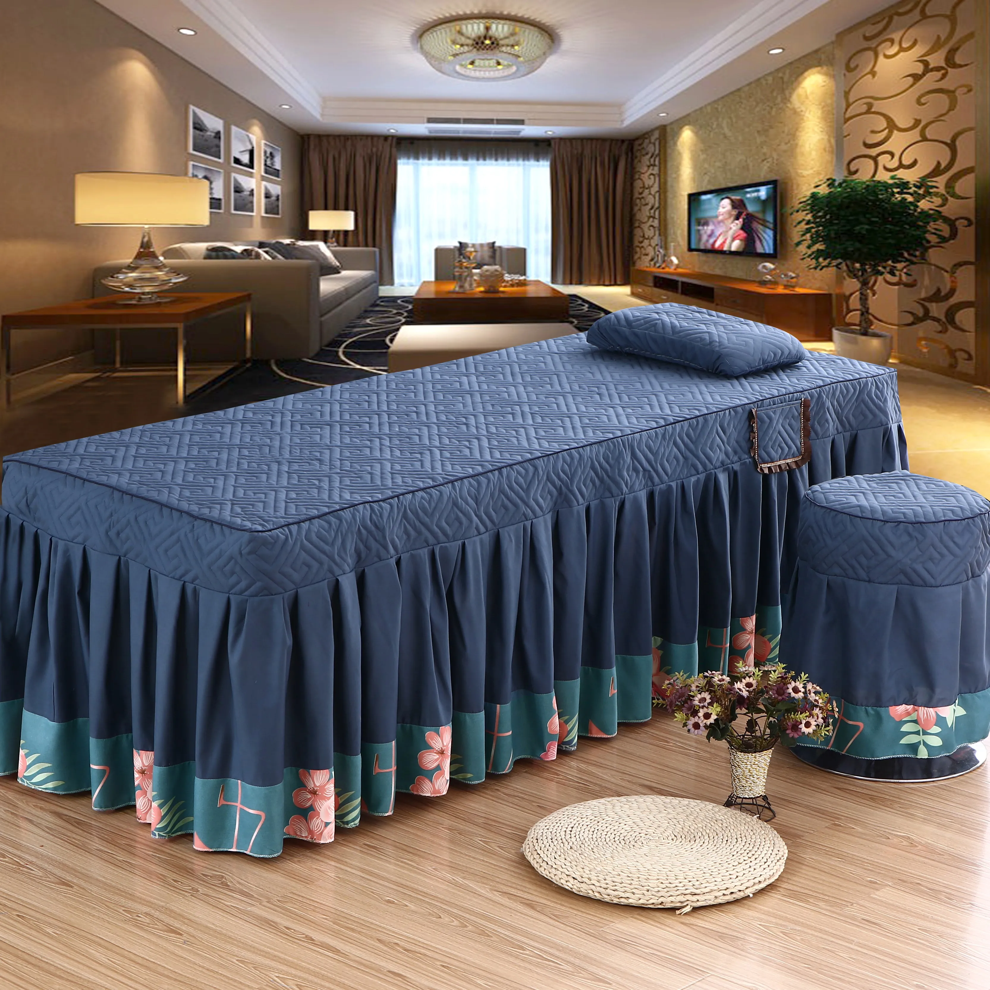 Beauty Salon 2pcs Set Bed Skirt+ Pillowcase SPA Skin-Friendly Massage Table Bed Cover Sheet Bedskirt Colchas with Hole 31 Styles