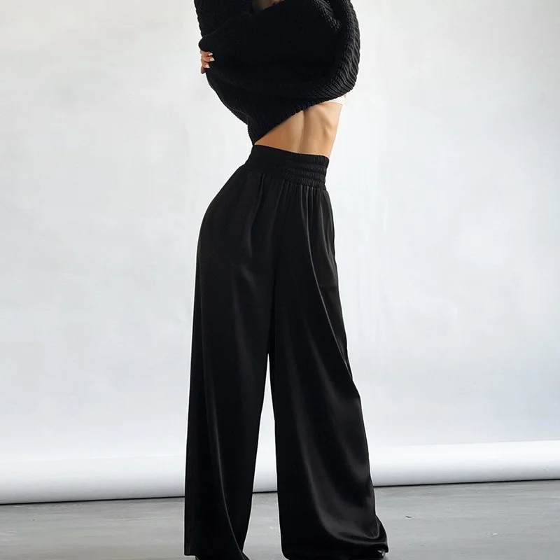 

2022 Spring and Summer New Elastic Band Pockets Loose Silky Satin Drape Comfortably Mopping Wide-leg Pants Women gothic pants