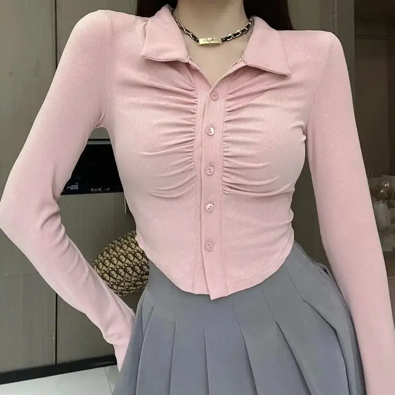 

Autumn New Temperament Pure Desire Chic Collar Folds Slim Fashion Western Style All-match Long-sleeved Blouse Bottoming Shirt
