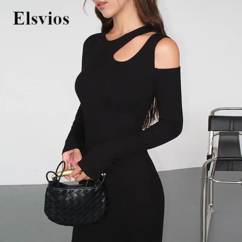 

Simple High Fashion Slim Fit Bodycon Maxi Dress Elegant Long-sleeve Party Dress Casual Women Solid Hollow Out Design Sexy Dress