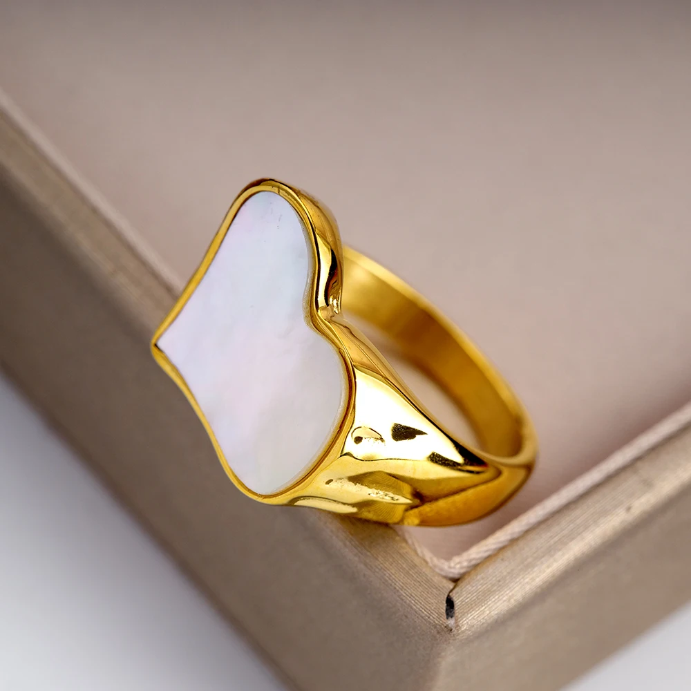

Fashion Heart Natural Shell Ring Stainless Steel Metal Texture Jewelry High Quality Gold 18K Plated Women кольцо Girl Gift