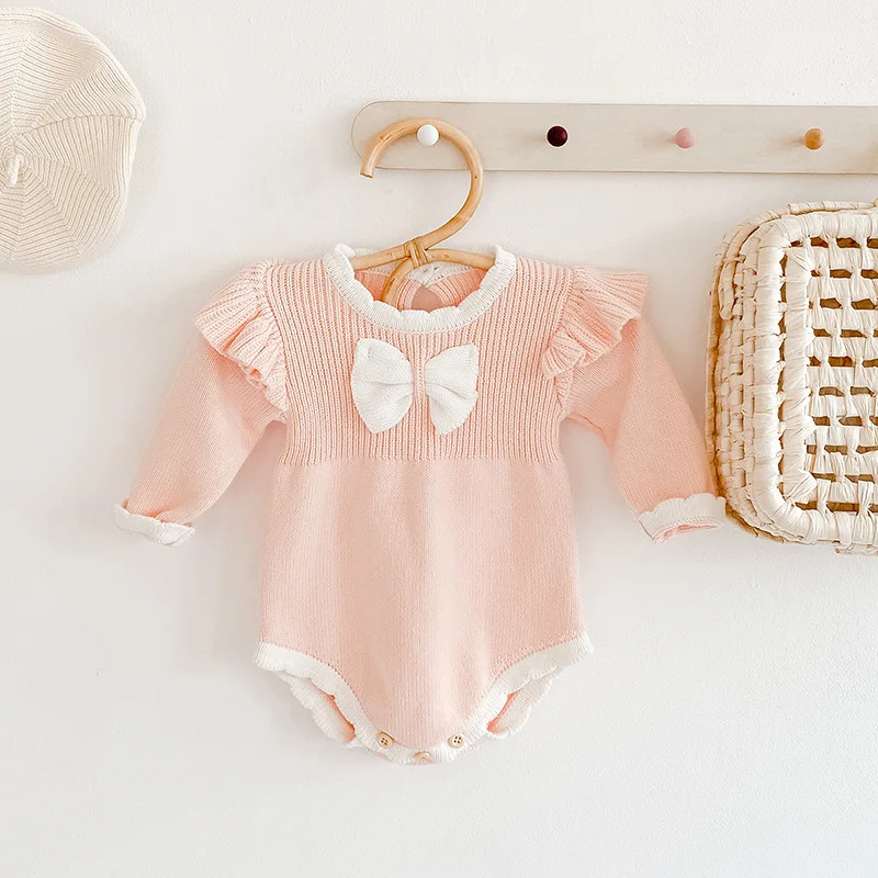 

Cute Baby Girls Knitted Romper 2022 Autumn Infant Newborn Long Sleeve Bow Ruffled Jumpsuit Outfit Baby Spring Clothing