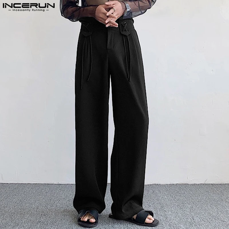 

INCERUN 2023 Korean Style Men High Waist Loose Drawstring Long Pant Leisure Streetwear Cross Design Straight Leg Pantalons S-5XL