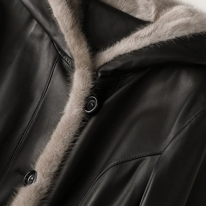Sheepskin Mink Fur Collar Hood Leather Down Coat for Women