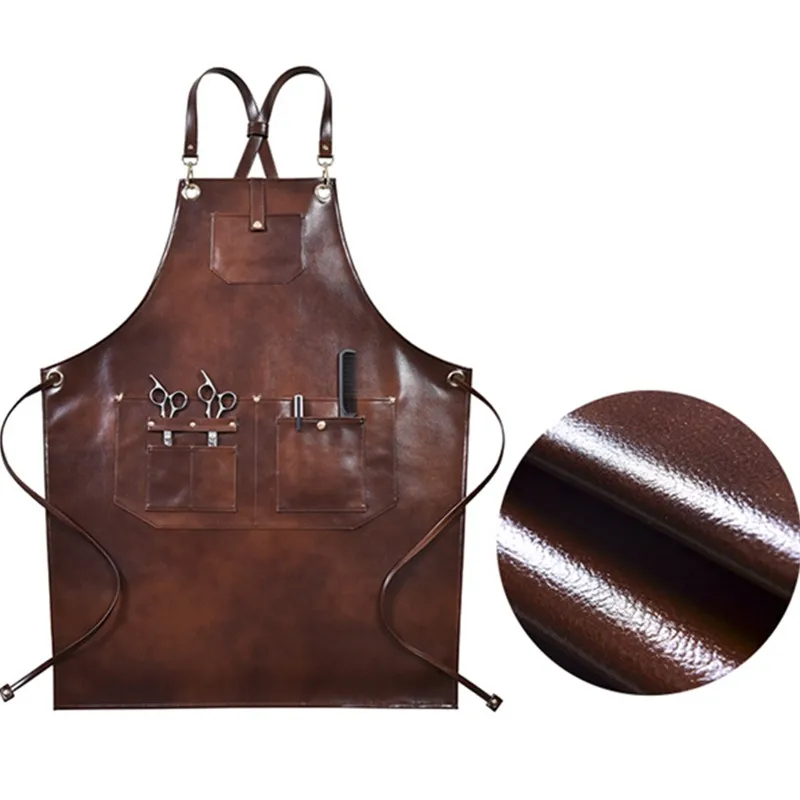 

BBQ Grill Uniform Florist Barber Carpenter Workwear Apron PU Leather Cross Back Strap Barista Bartender Pastry Chef Cafe Bistro