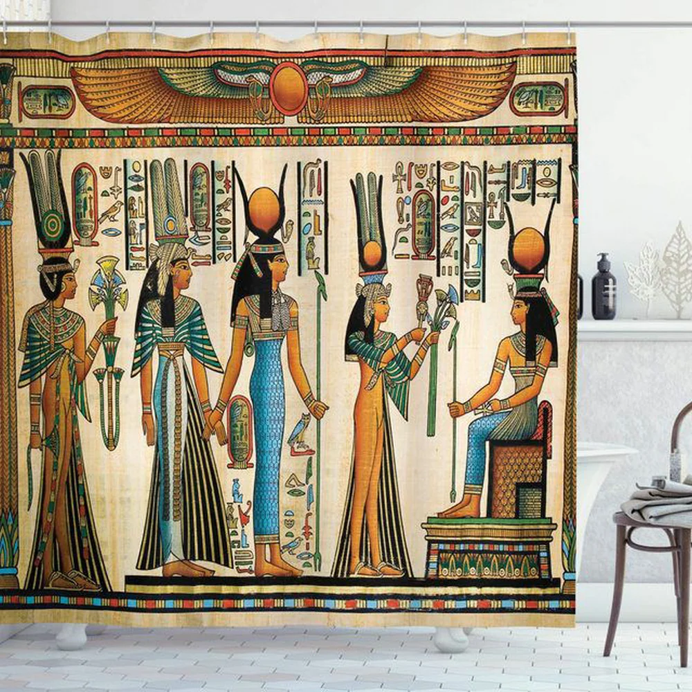 

Vintage Egyptian Pyramid Pharaoh Painting Printed Shower Curtain Waterproof Bathroom Decorative Bath Screen with Hook