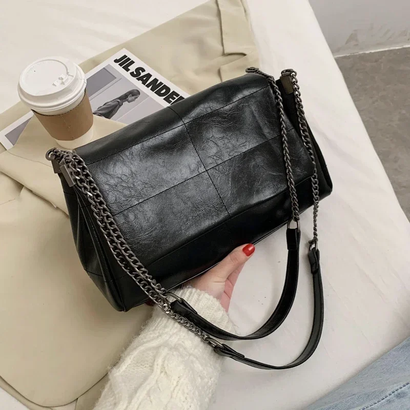 

Fashion Thread Bags Leather Women Vintage Shopper Lady Travelling Bolso Chain Metal Strap Bag PU Sewing Shoulder Crossbody Soft