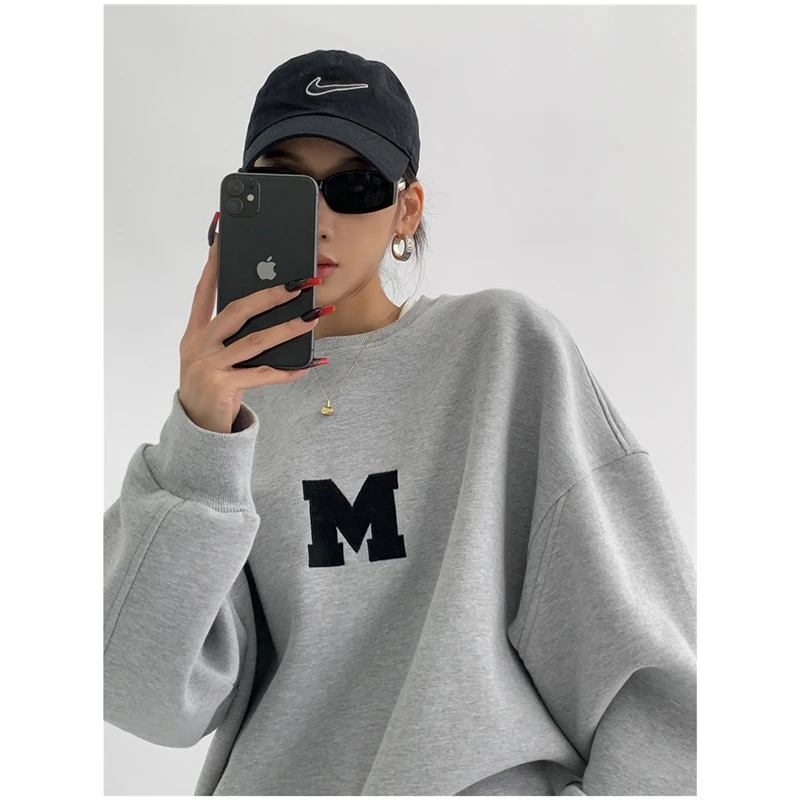 Women's Clothing Grey Vintage Pullover Letter Embroidery Long Sleeves Casual Street Hip Hop Oversize Baggy Ladies Tops Autumn