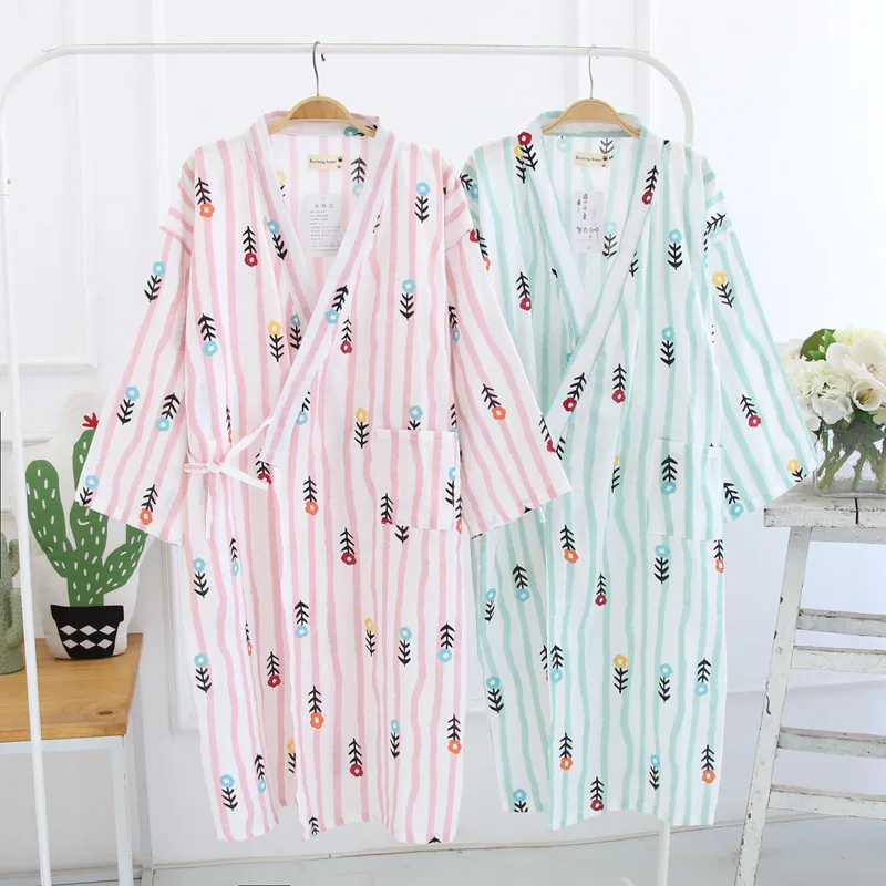 Japanese-style kimono pajamas summer new 100% cotton gauze pajamas nightgown ladies SPA yukata homewear long pajamas women