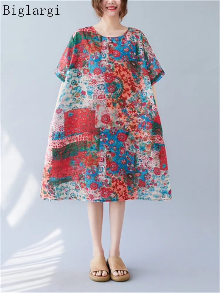 

Oversized Summer Print Tshirt Dress Woman Loose Casual Large Size Women Korea Ladies New T Shirt Dresses Cotton Midi Dress 2022