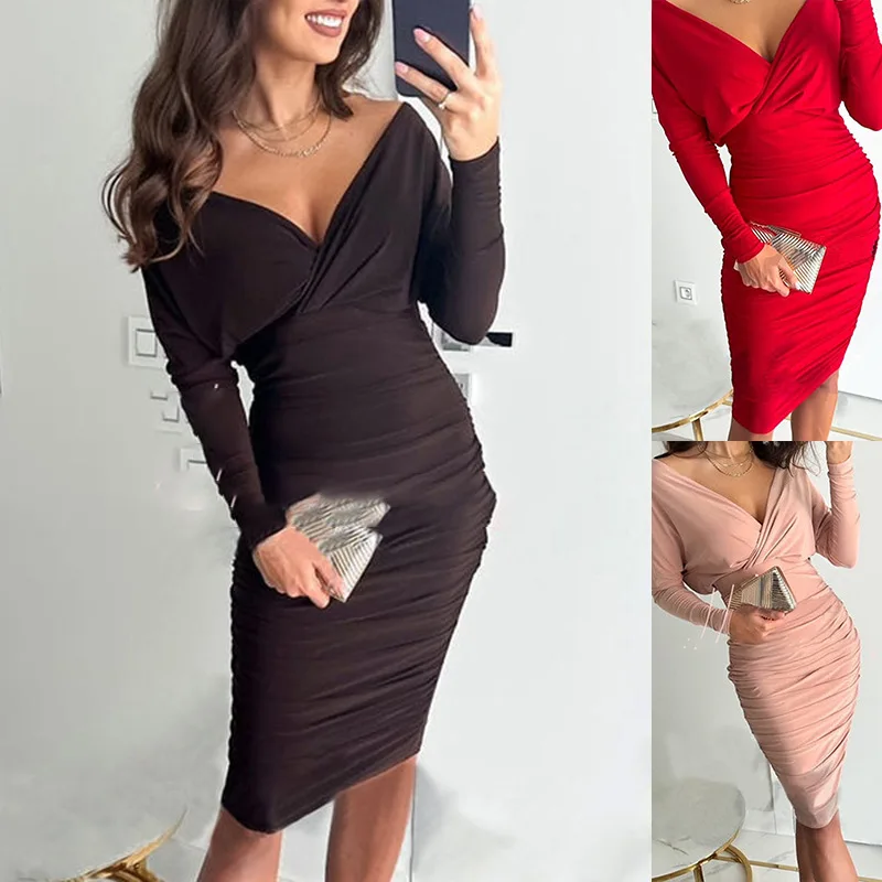 

Женское Плиссированное Платье с V-образным вырезом и длинными рукавами