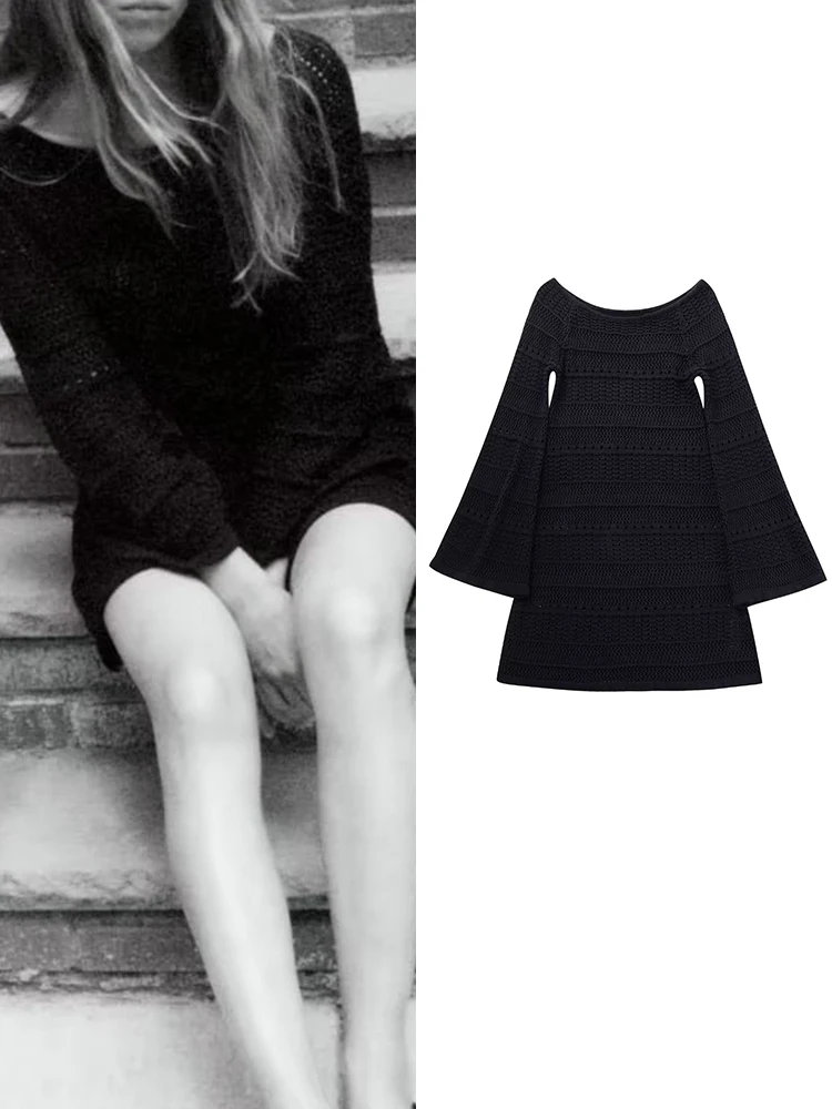 

TRAF 2023 Women Knit Mini Dress Summer New Female Solid Elegant Wide O-Neck A-line Cuffs Long Sleeve Leisure Holiday Dresses