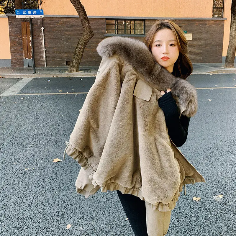 2021 Winter New Women Cropped Coat Female Warm Jacket Fashion Leisure Thick Loose Solid Casual Sweet All-Match Detachable Collar