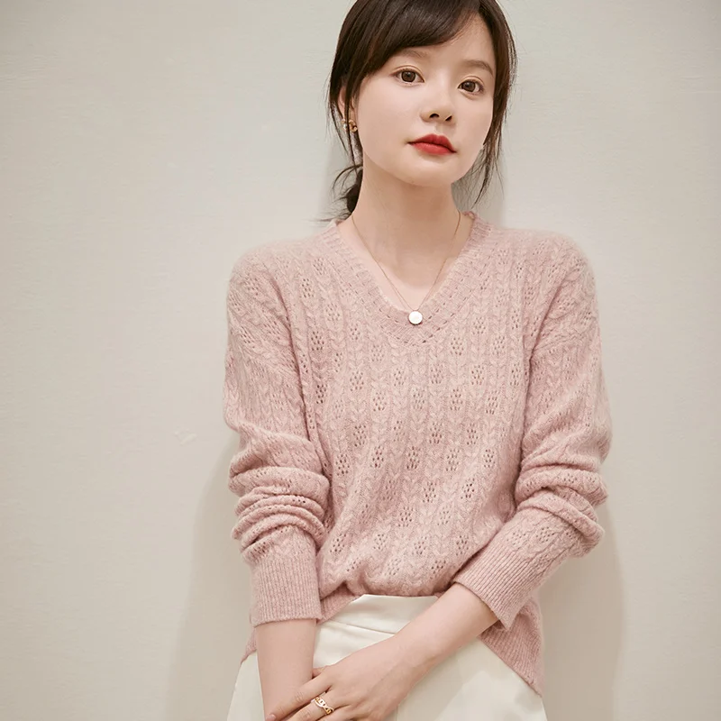 

BELIARST Fall Ladies 2022 New Knitted Hollow Crew Neck Sweater 100% Merino Wool Pullover Women's Top Solid Color