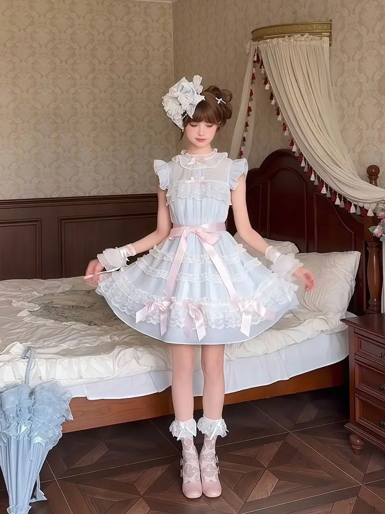 Фото COALFELL Blue sweet girl date outfit - редкое платье в полоску для весенне-летнего сезона в стиле Лолита №2