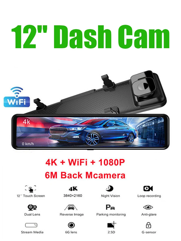 

12" Car DVR 4K 3840*2160P Dash Cam WIFI GPS Sony IMX415 Rear View Mirror Car Camera Video Recorder Parking Monitor Free Shipping
