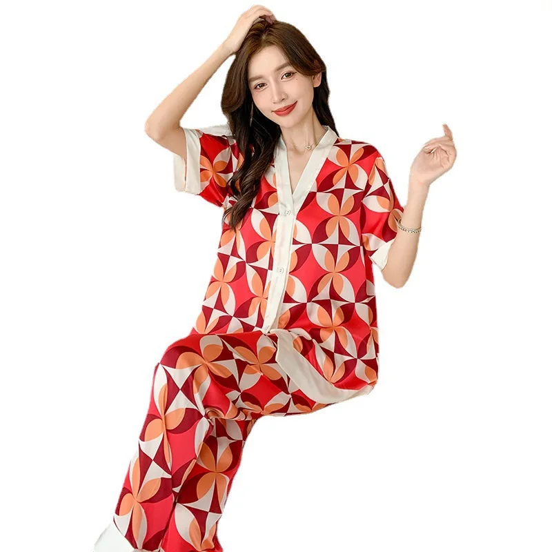 Women's Pajamas Set V Neck Design Luxury Cross Letter Print Sleepwear Silk Like Home Clothes XXL Large Size Nightwear