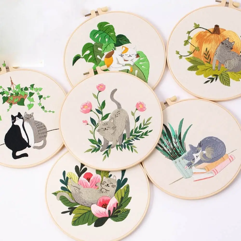 

Embroidery Hoop DIY Embroidery Kits Needle Punch Cat Pattern Cross Stitch Kit Needle Thread Handmade Sewing Craft Kit
