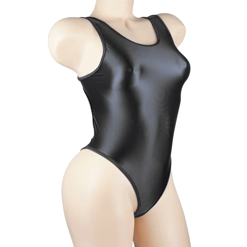 

Glossy Satin No Pad Open Crotch Sexy See Through One Piece Bodysuit Swimsuit High-Cut Romper Women Plus Size Bathing Suits