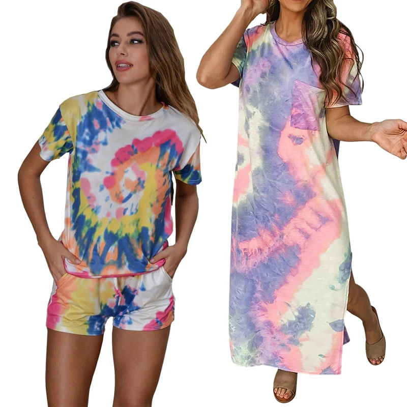 

Tie Dye Suits Women Lounge Wear Loose Tracksuit White M & Pocket Straight Long Dress Side Split Dress L Blue