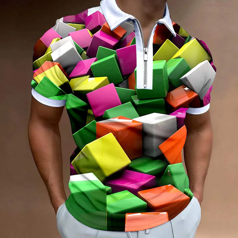 

Luxury Men Clothes Polo Shirts Casual Turn-Down Collar Zipper Golf Wear Colored Cube Print Short Sleeve Tee Shirt Men Polos Top
