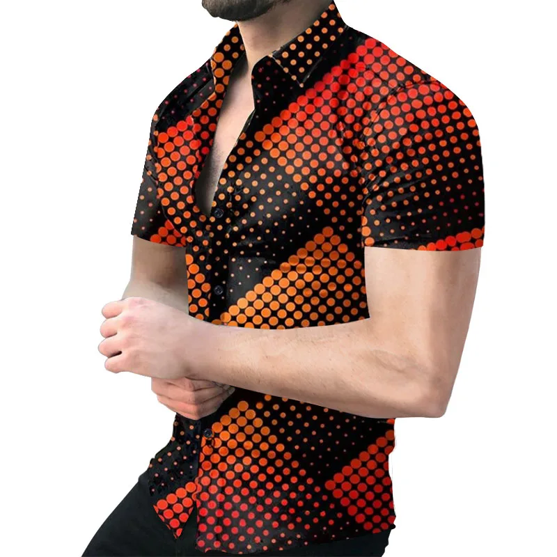 Summer Men's Slim Fit Chemise Geometric Print Shirts Men Turn-down Collar Buttoned Shirt Casual Short Sleeve Cardigan Streetwear