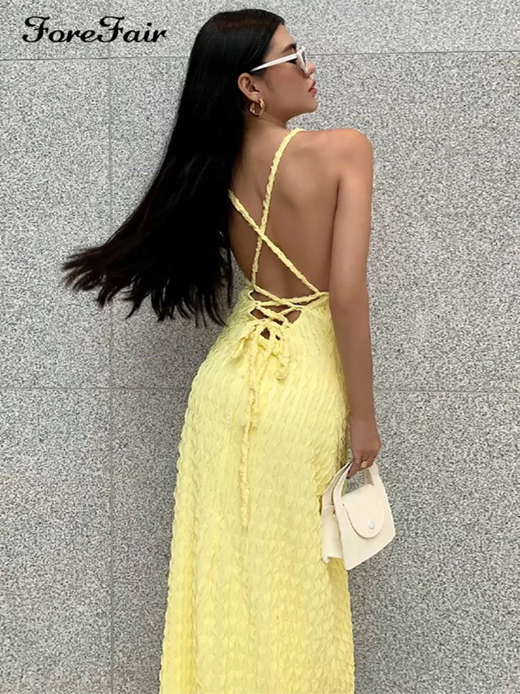 

Forefair 2022 Women Summer Maxi Bodycon Dress Sexy Yellow Sleeveless Backless Bandage Beach Party Dresses Elegant Club
