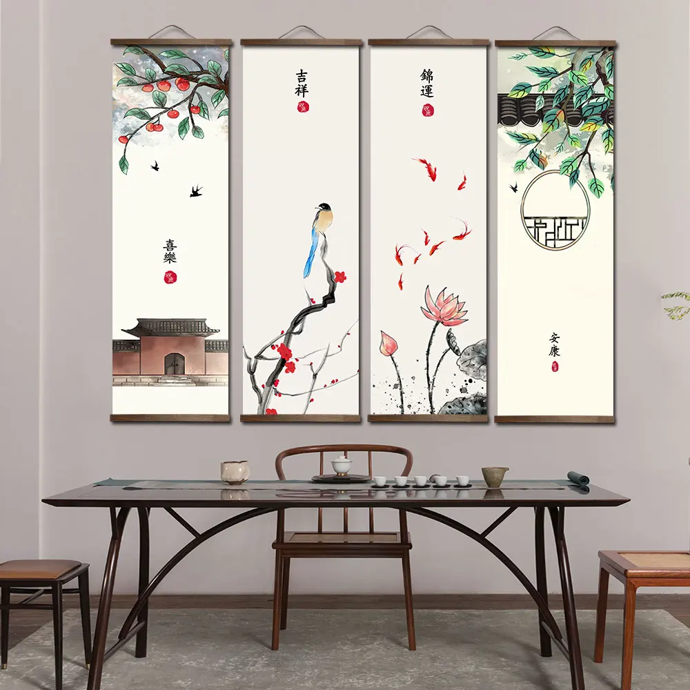 Chinese style green plants canvas scroll painting poster printing living room home decoration painting wall art painting gift