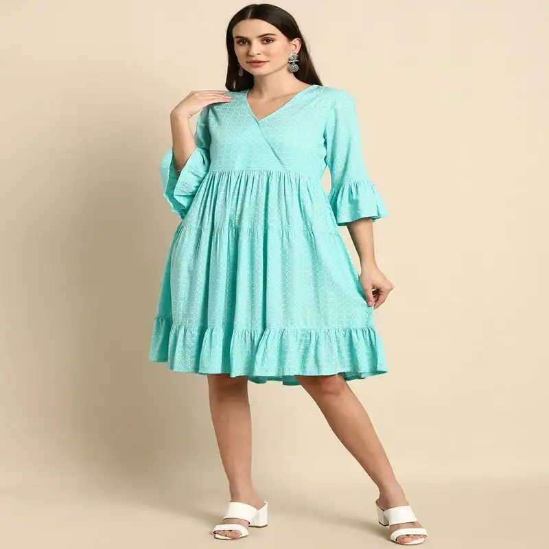 

3/4 Sleeve Checkered Turquoise Rayon Western Dress For Women,Summer Dress/Summer Wear