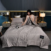 4pcs luxury summer quilts soft emulation silk satin machine washable air conditioning comforter bedspread thin blanket
