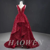 haowen sexy and charming red sequin high and low evening dress womens elegant long luxury v neck party dress prom dress