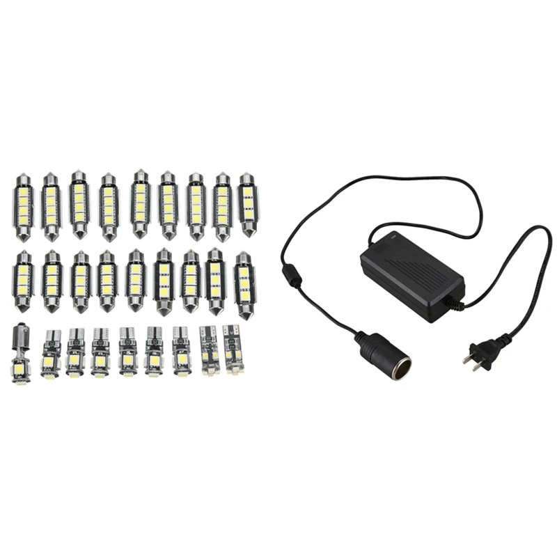 

27Pcs White In-Car Led Light Kit & 1 Pcs Car Inverter Cigarette Lighter AC to DC Converter US Plug