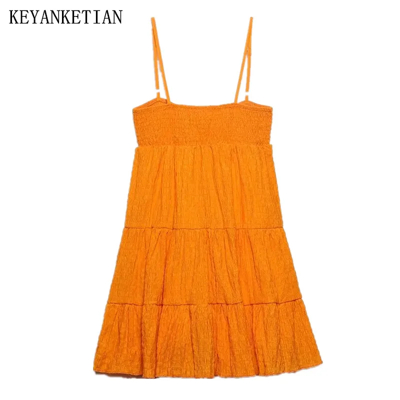 

KEYANKETIAN Summer New Textured Cloth Elastic High Waist Suspender Dress Holiday Style Women Slim Sleeveless Mini Skirt