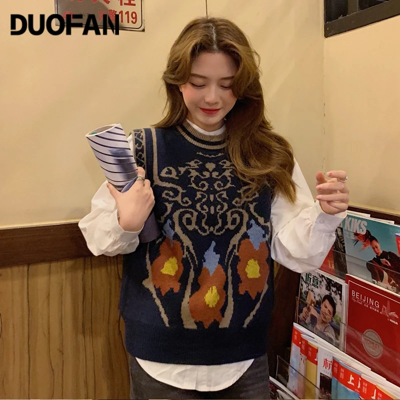 

DUOFAN Female Sweaters Vests Preppy Korean O Neck Embroidered Sleeveless Pullovers Women Loose Vintage Knit Jumpers Waistcoat