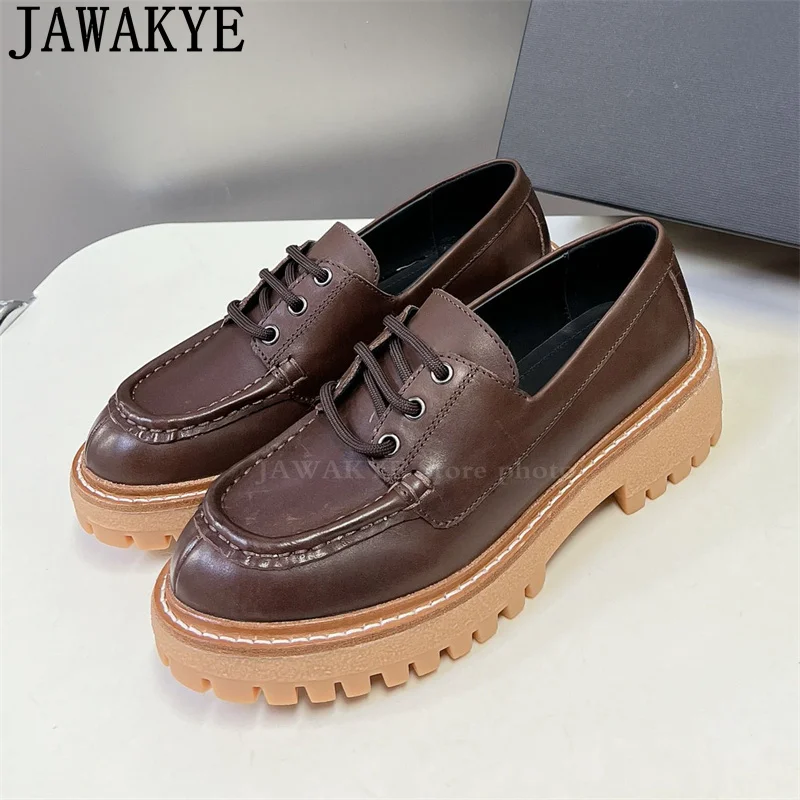 Туфли женские из натуральной кожи лоферы круглый носок толстая подошва на